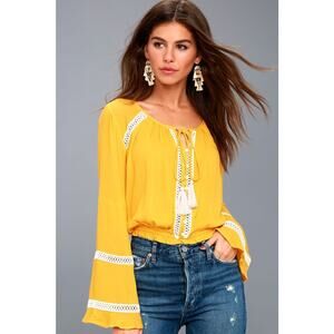 Lulus Embroidered Crop Top Yellow Boho Blouse Size Small